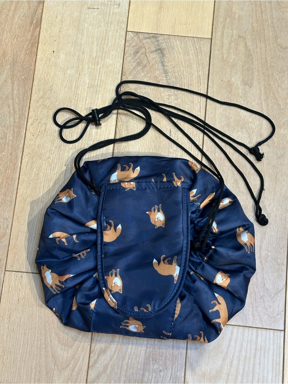 Navy Fox Print Drawstring Makeup Bag Pouch